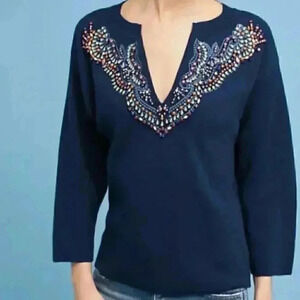 Anthropologie Moth Jewel Embellished Wool Blend Sweater